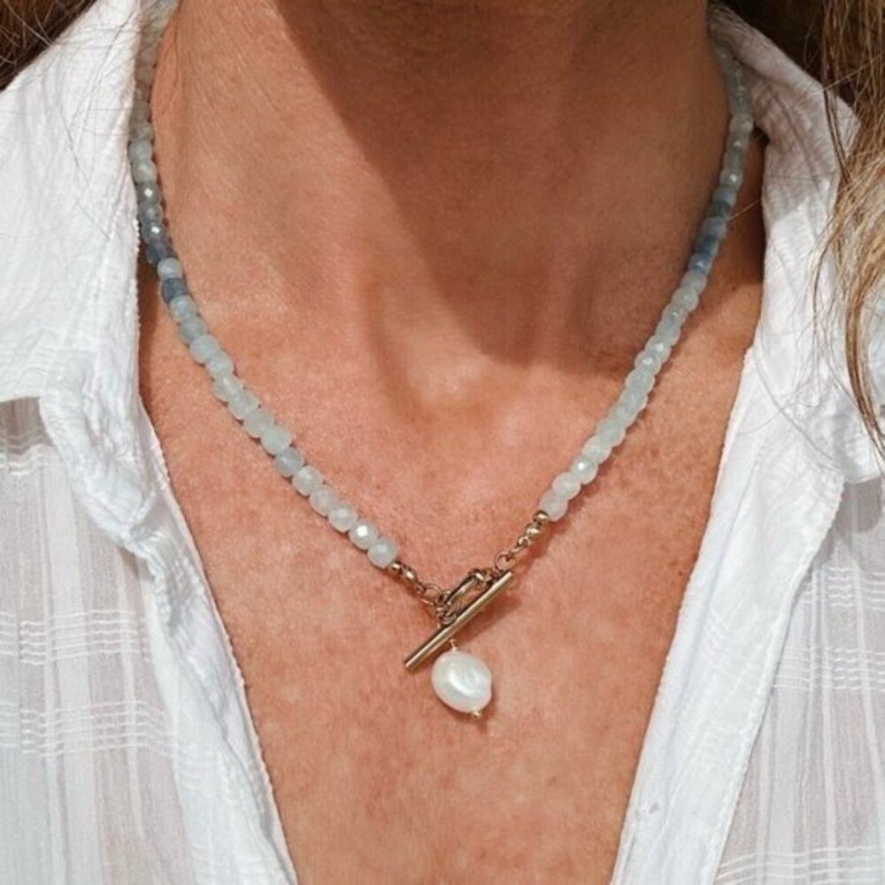 Aquamarine Beaded Necklace Ocean Blue Gemstone Jewelry Waterproof Vacation Gift - Picture 8 of 14